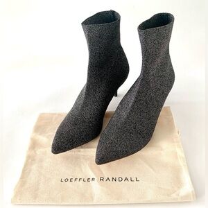 Loeffler Randall’s Kassidy sock boot in black/silver metallic stretch.